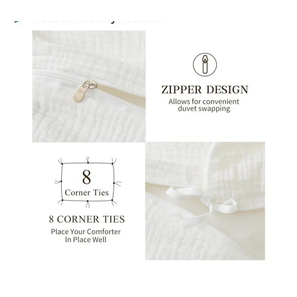 Muslin Queen Duvet Cover & Pillowcases 100% Organic Cotton Soft Textured Gauze